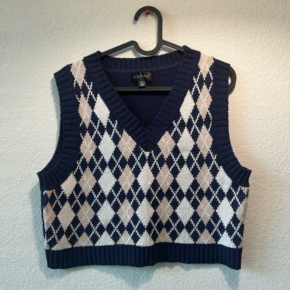Navy, White, and Cream Argyle Crop Sweater Vest